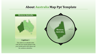 Western Australia highlighted in green on an Australia map, with a magnified circular view of the state on the right.