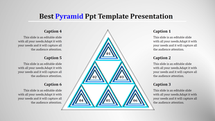 Slide featuring a blue and white triangle divided into six parts, with captions aligned around it.