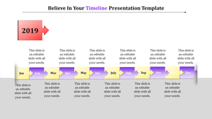 Horizontal timeline template for 2019, showing months in yellow and purple arrows with placeholder text beneath.