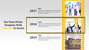 Vertical timeline with milestone years 2017, 2018, and 2019, featuring teamwork, trophy celebration, and a drink setup.