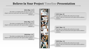 Project timeline presentation slide with six key dates, images, and captions on a filmstrip background.