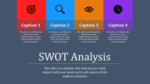 SWOT analysis slide with four colorful sections featuring icons for target, magnifying glass, eye, and pie chart.