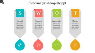 A colorful SWOT analysis slide featuring sections with a distinct design and description area.