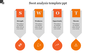 SWOT analysis template with orange header labels and teardrop shaped sections, each with an icon and description.