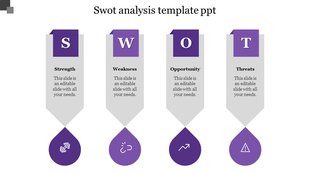SWOT analysis PPT template featuring sections for Strength, Weakness, Opportunity, and Threats, with purple colored icons.