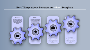 Slide with four purple gear icons, each paired with process labels and text, aligned vertically on a gradient background.
