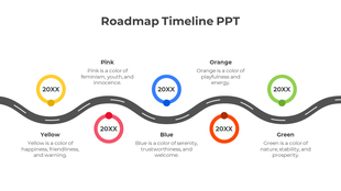 Curved timeline with five colored circular milestones: yellow, pink, blue, orange, and green, each labeled '20XX'.
