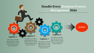 Business themed slide showing colorful gears, a businessman in motion, and an output arrow on the right.