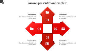 Arrow diagram with four red blocks forming a plus shape, each arrow containing a white icon and surrounded by caption areas.