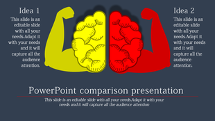 A slide showing a dual-colored brain, with yellow and red representing two distinct ideas for comparison.