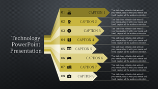 Technology PowerPoint template with eight sections, each represented by an icon and captions.
