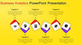 A PPT slide showcasing a business analytics theme with icons for analysis, data, and insights, surrounded by six captions.