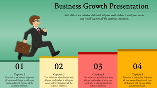 Business growth slide with a cartoon businessman running up four numbered steps in green, yellow, red, and orange.