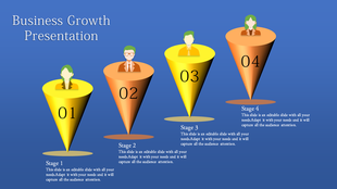 Four 3D cone shapes numbered 01 to 04 with business icons on top, set against a blue background for a growth presentation.