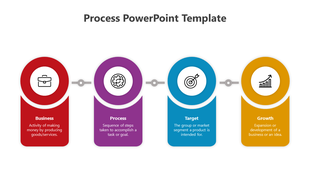 Visual representation of a business process with four stages, highlighted in distinct colors and featuring relevant icons.