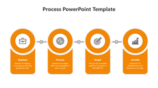 Four orange boxes with circle at the top, linked with gray connectors between them, each containing an icon and text.