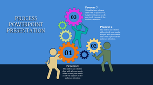 Slide showcasing a process flow with colorful gears and figures, each representing different steps in the process.