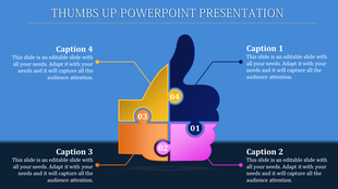 Thumbs up PPT slide with four sections representing various concepts, each section labeled with captions on a blue theme.