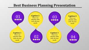 Four step business planning diagram with alternating purple and yellow hourglass shapes featuring numbers 01 to 04.