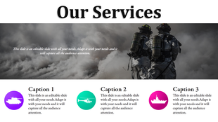 Slide with a background image of firemen, and icons for services like a tank, helicopter, and ship, with captions.
