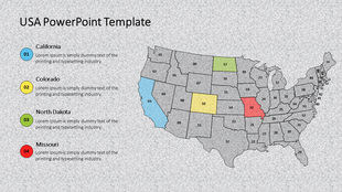 Gray USA map with selected states highlighted in colors, labeled California, Colorado, North Dakota, and Missouri.