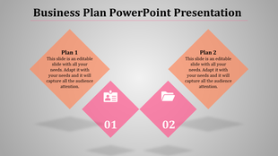 Business presentation template with two top orange diamond plans and two pink bottom numbered sections.