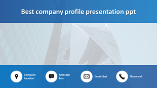 Slide design featuring company profile title, skyscraper, and contact icons for location, messages, email, and phone.
