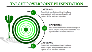 PowerPoint template featuring a green dartboard and dart with three numbered captions for targeted presentations.