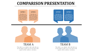 Slide comparing two teams, with orange and blue silhouettes and matching colored speech bubbles for caption areas.