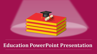 Stack of red and yellow books with a graduation cap and diploma on top, under a spotlight on a pink background.
