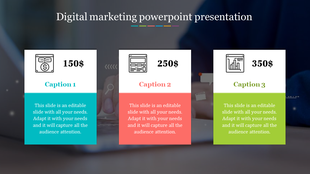 Three horizontal blocks in blue, red, and green showing pricing, each with a marketing icon and placeholder text areas.