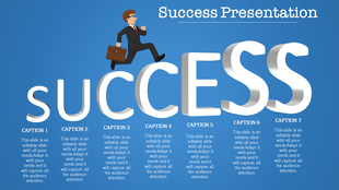 Slide featuring a businessman jumping across large letters spelling SUCCESS, with multiple captions on a blue backdrop.
