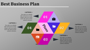 Colorful hexagonal layout with four numbered sections, each containing icons and captions on a gray background.