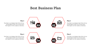 PowerPoint slide featuring four business plan options with icons Identity, Briefcase, Folder, and Document with text.
