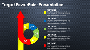 PowerPoint slide with a circular target design, numbered 1 to 5 in vibrant colors, with an upward arrow at the center.