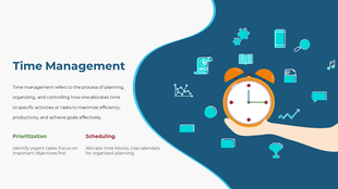 Illustration of time management with a clock in hand, on blue curved background, and task related icons scattered around.