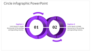 Infographic slide featuring two connected circular rings in purple, numbered 01 and 02, with captions on the left and right.