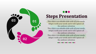 PowerPoint steps template showing three footprints in black, pink, and green, arranged in a circular flow, with captions.