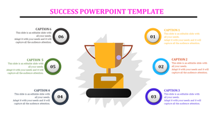 Success template with a central golden trophy surrounded by six numbered circular captions in various colors.