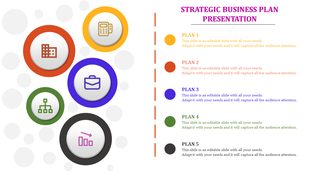 Strategic business plan slide with five colorful circular icons on the left, each labeled Plan 1 to Plan 5 on the right.