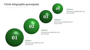 Four green gradient spheres labeled 01 to 04 in a diagonal layout with captions describing each step.