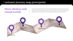 Customer journey map design slide featuring a folded 3D map with four purple location markers and text descriptions.