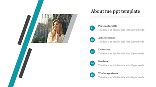 About me template with a teal and black design, showcasing a photo on the left and five descriptive sections on the right.