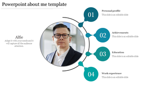 Circular profile photo with four numbered teal circles, each representing different personal categories.