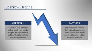 Blue downward zigzag arrow symbolizing decline, with two caption boxes labeled with two captions areas.
