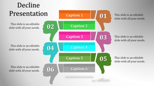Six colorful thumbs down graphics paired with rectangular captions and numbered sections in a vertical layout.