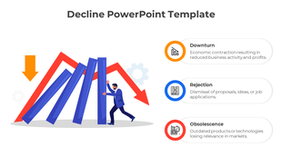 Decline template with a business person holding falling blue bars, a downward red arrow, and three labeled icons.