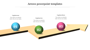 PowerPoint slide featuring an arrow design with three colored spheres and captions representing different milestones.