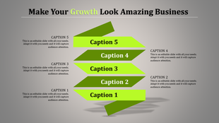 3D arrow graphic with five layers representing growth, each labeled with captions and positioned in a vertical hierarchy.