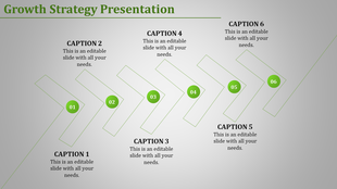 Growth slide with arrow pathways, featuring six circular numbered points, and captions on a light gray background.